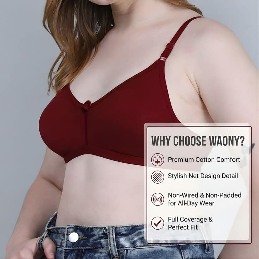 WAONY Women's Premium Cotton Non-Padded Bra – Non-Wired Full Coverage Daily Wear Bra with Net Detail view 8