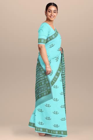 Mint Green Tribal Motif Hand Block Print Malmal Cotton Saree SKU-AS10029