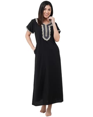 KOI SLEEPWEAR Premium Women White Contrast Embroidery Night Gown Lizzybizzy Cotton Nighty Maxi (Large, Black)�