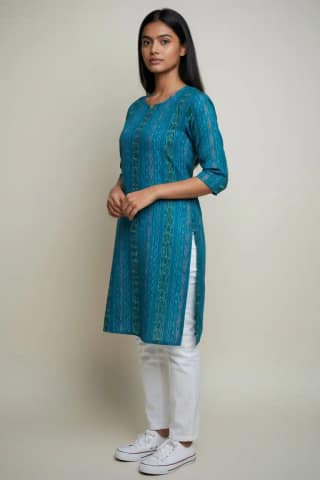 Handwoven Sambalpuri Cotton Kurti in Blue with Bandha Tie-Dye