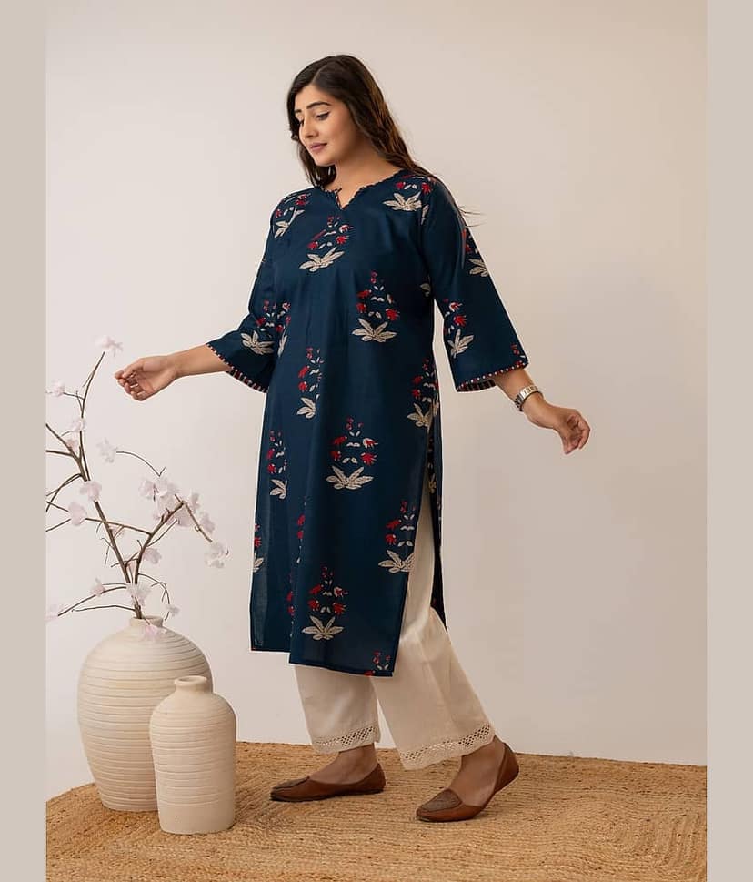 AMTHI Women Cotton Printed Straight Kurti ( Navy ) view 2