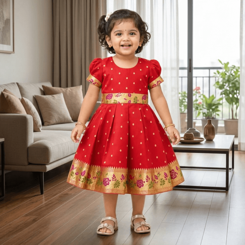 luster Frock taffata-Paithani Age (0 to 5) (3-4 Years, Red) view 3