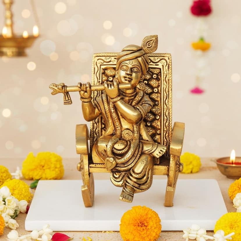 Brass Showpiece Krishna With Chair God Idol Statue (BSMAS1777 D)