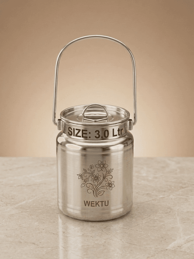 WEKTU Premium Stainless Steel Barni Dolu with Airtight Leak-Proof Lid & Foldable Handle | Heavy Duty Mirror Finish Metal Milk Can & Kitchen Storage Container | Available in Multiple Sizes (1L, 1.5L, 2L, 2.5L, 3L, 4L, 5L)
