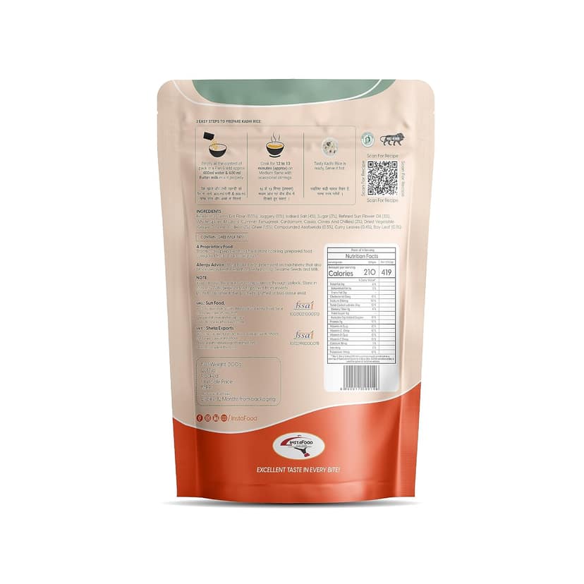 INSTAFOOD Kadhi Bhat | Ready to Eat & Cook Meal | 3-4 Servings | After Cooking Gets 1 kg to Serve | Zip Lock Packaging | Vegetarian Meal | Just Add Butter Milk and Cook, 200 gm view 2