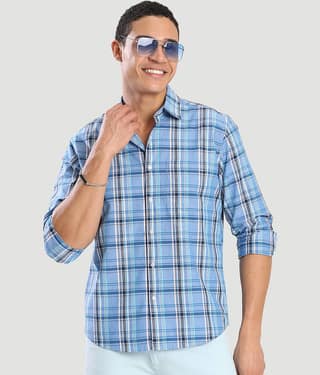 IVOC 100% Cotton Regular Fit Checks Full Sleeves Men's Casual Shirt - Blue ( Pack of 1 )