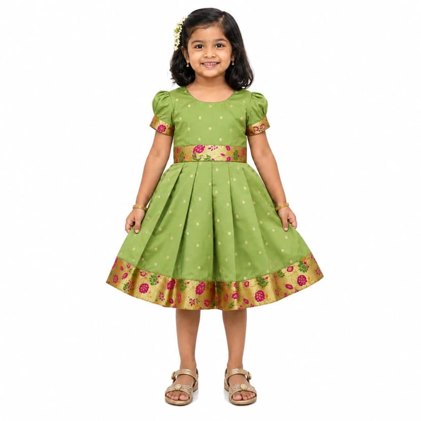 luster Frock taffata-Paithani Age (0 to 5) (0-3 Months, Mehendi)