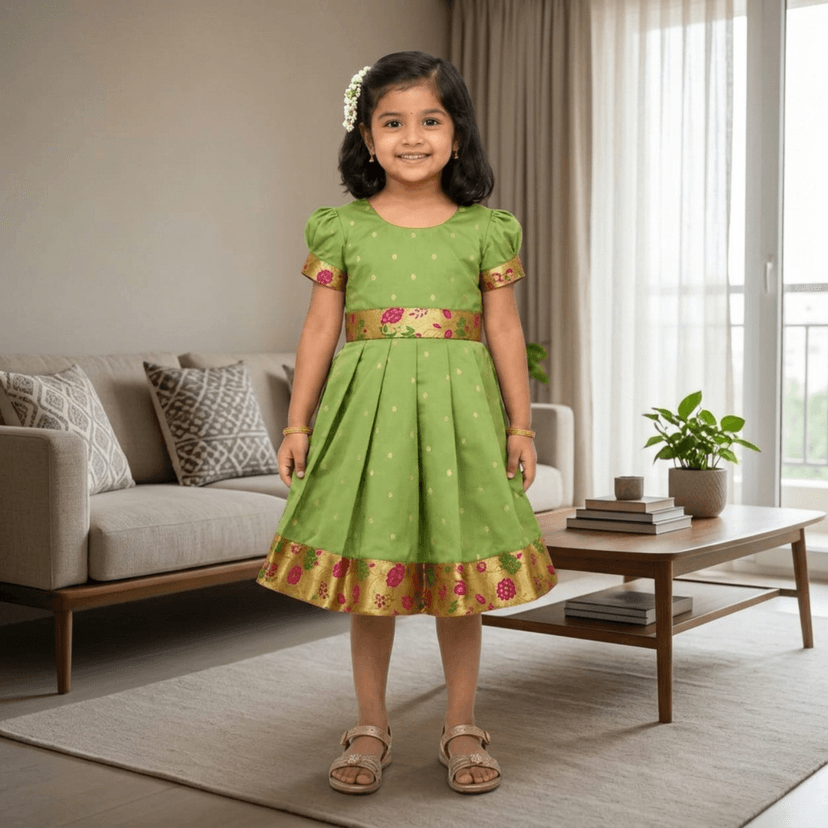 luster Frock taffata-Paithani Age (0 to 5) (0-3 Months, Mehendi) view 3