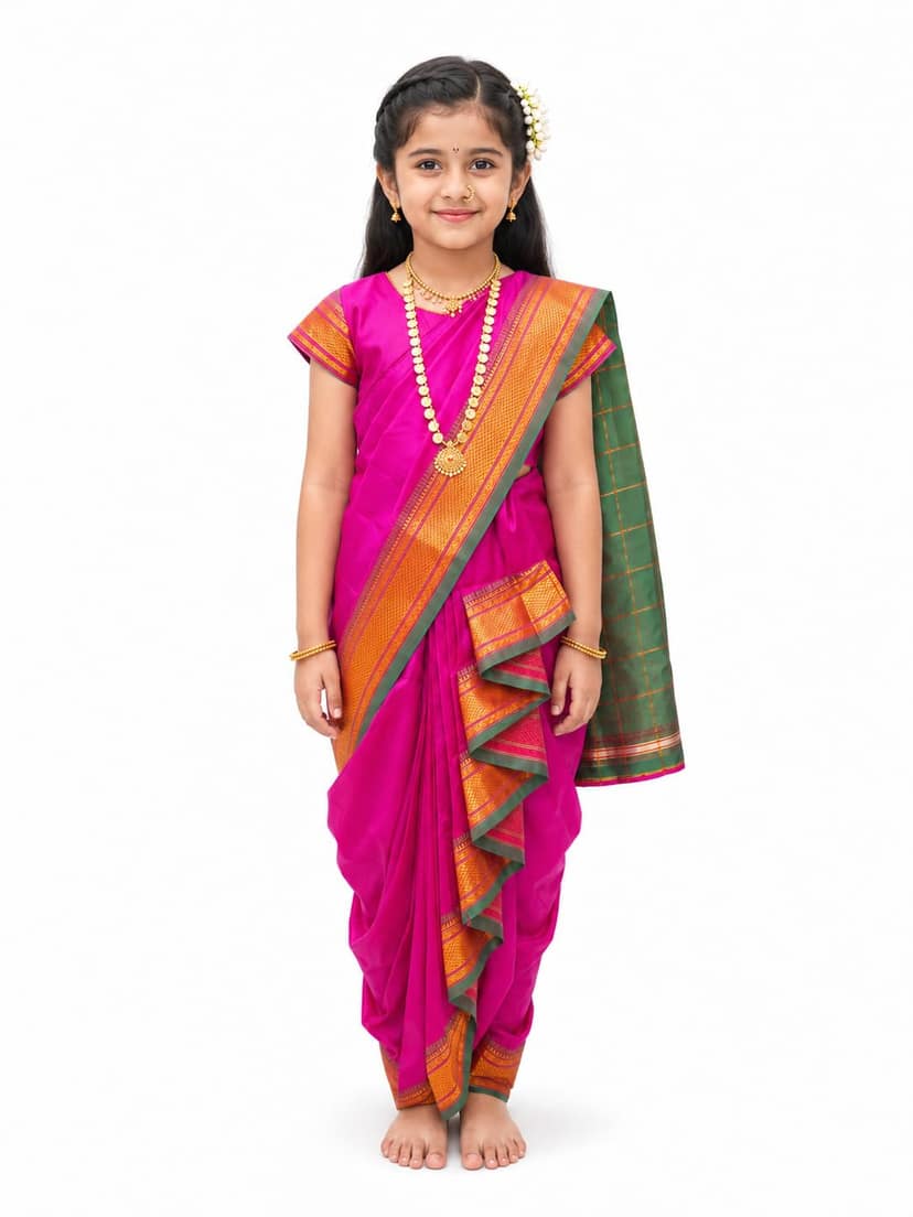 LUSTER Girl's Belgaon Silk Nauwari Saree (6-7 Years, Pink)