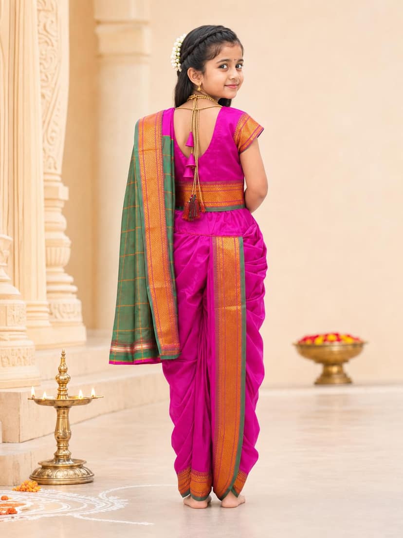 LUSTER Girl's Belgaon Silk Nauwari Saree (6-7 Years, Pink) view 2