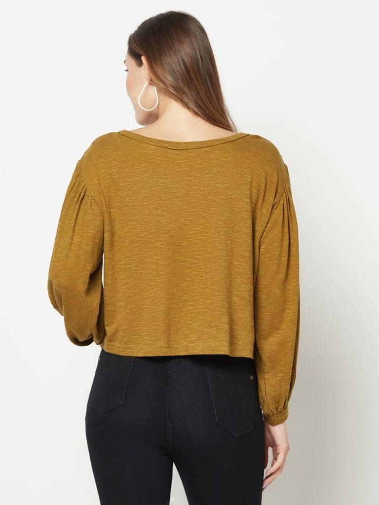 Olive Embroidered Balloon Sleeve Top view 3
