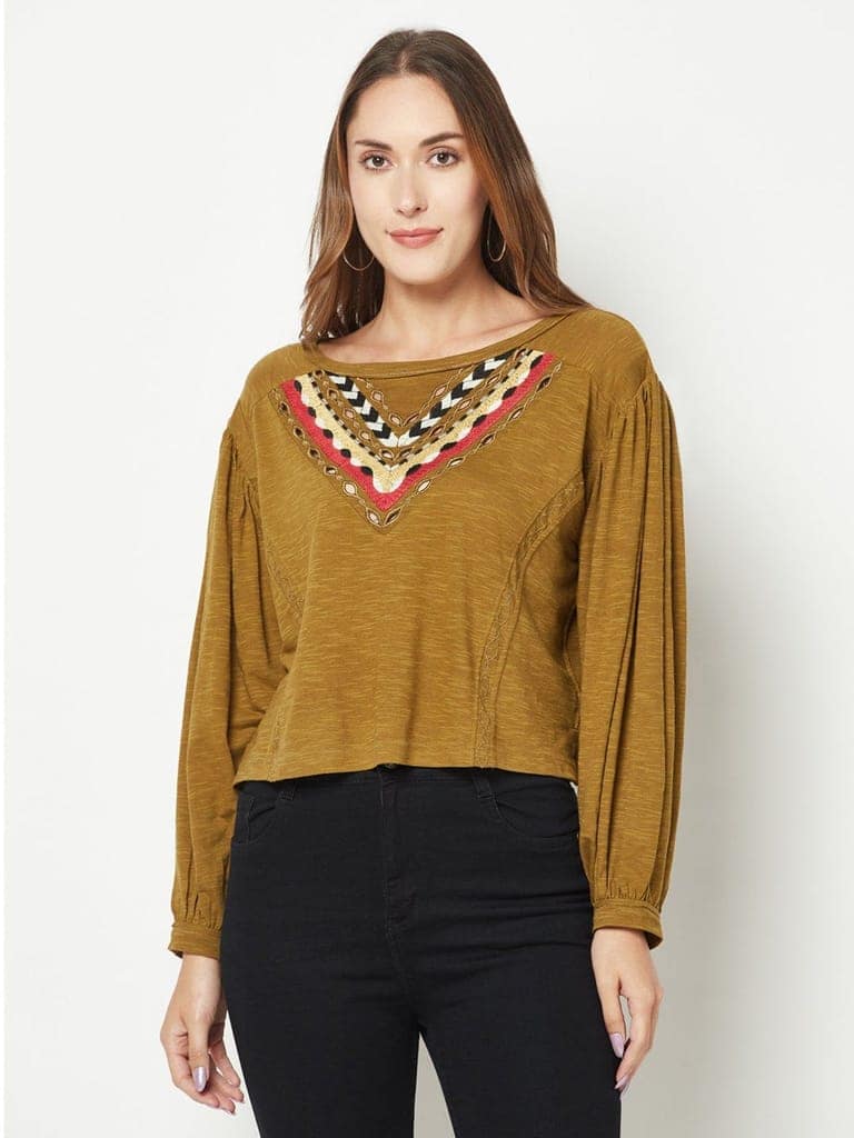 Olive Embroidered Balloon Sleeve Top view 4