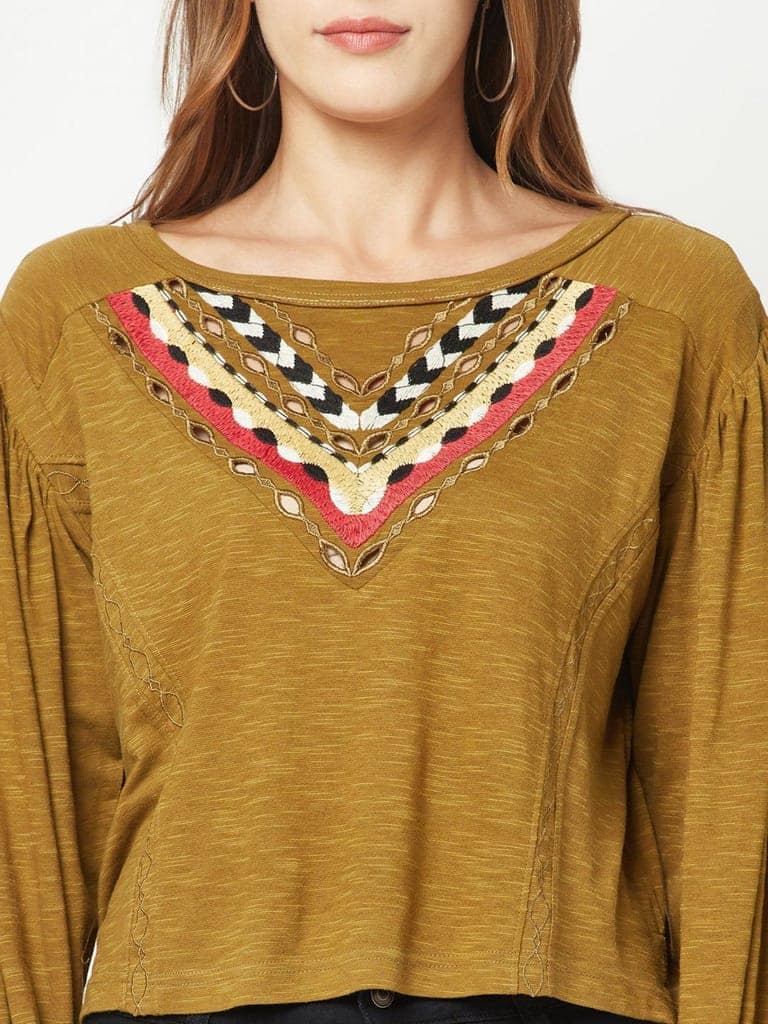 Olive Embroidered Balloon Sleeve Top view 5