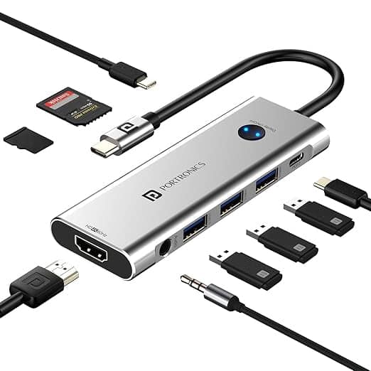 Portronics Mport One USB C Hub Dock (9-in-1) with 4K 60Hz HDMI, 3-Port USB, HDMI On-Off Button, 100W Type-C Charging, Card Reader, 3.5mm AUX, Type C Plug for Laptop, Mac, PC
