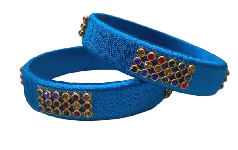 Blue Silk Thread Bangle Set with Stone Work - Set of 2 view 2