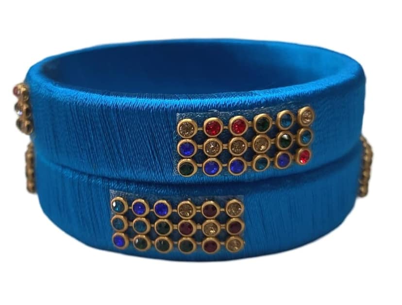 Blue Silk Thread Bangle Set with Stone Work - Set of 2 view 3