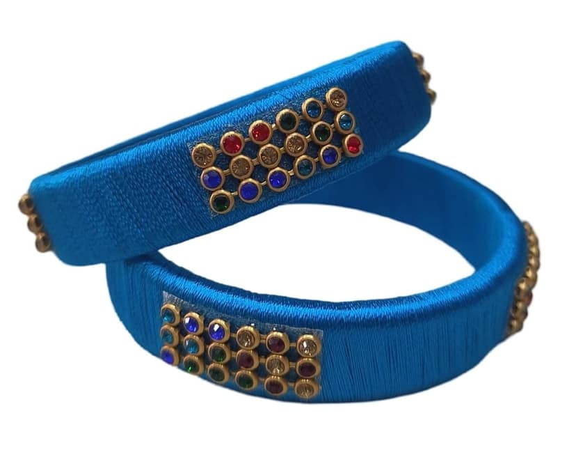 Blue Silk Thread Bangle Set with Stone Work - Set of 2 view 4