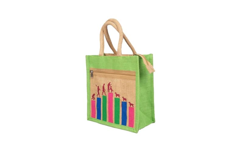 Green Jute Tiffin Bag with Colorful Printed Design view 2