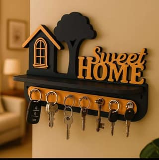 DHRUVINSRI 3D Wooden Key Holders for Home Wall Stylish | Wooden Wall Mounted Decorative Key Chain Hanger with 7 Hooks I Home & Office | Multipurpose Organiser -1Pc