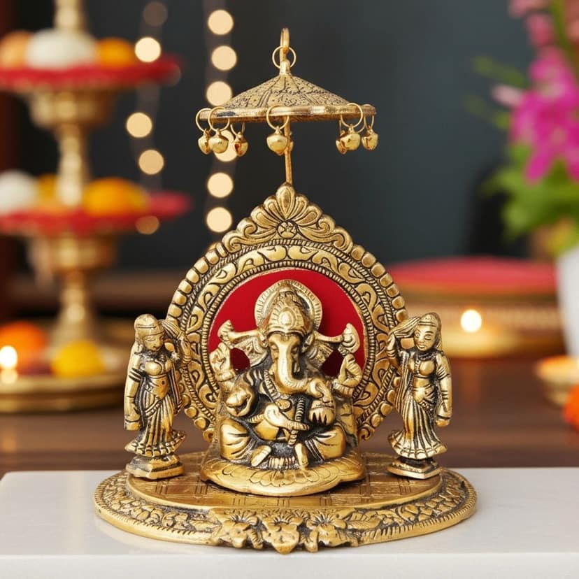 Aluminium Ganesh Ji Idol With Riddhi Siddhi � Gold Finish Showpiece, Height : 8.5 Inch (ASMAS133 G)