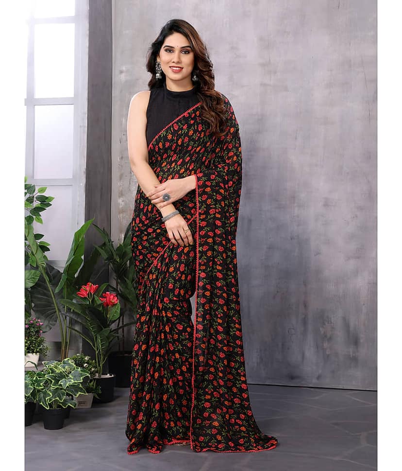 BLEESBURY Georgette Printed Saree With Unstitched Blouse Piece ( Black )
