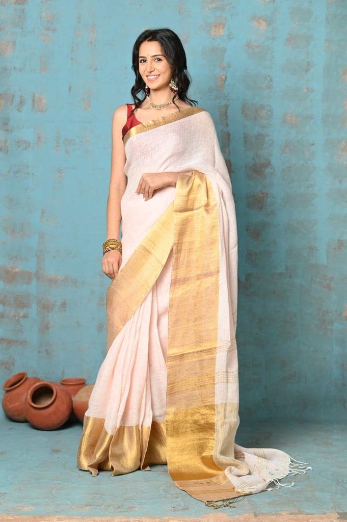 Tyohaar ~ Handloom Pure Organic Linen Saree With Golden Border - Baby Pink (High Quality Linen) view 2