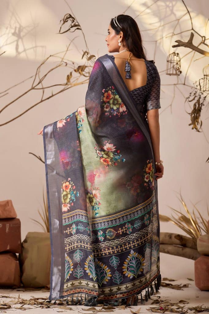 Elegant Floral Printed Linen Blend Saree with Zari Border view 2