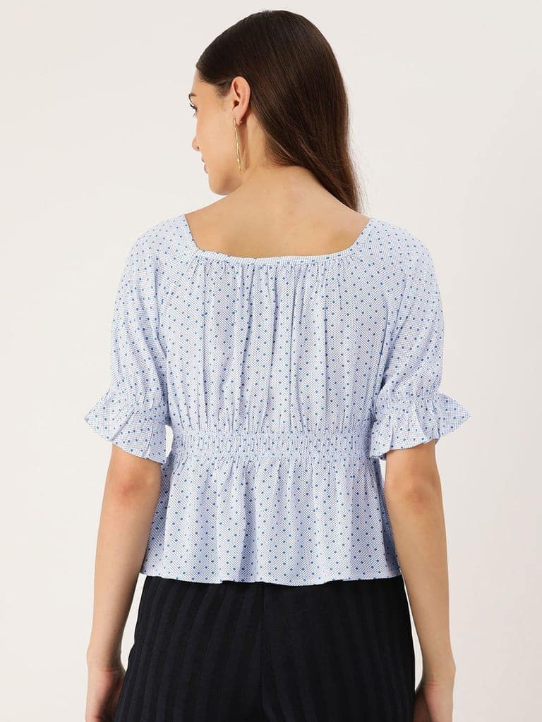 Polka Dots Print Puff Sleeves Peplum Top view 2