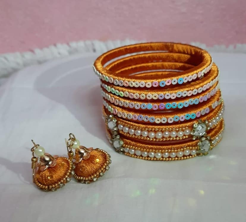 Orange Silk Thread Bangle Set with Pearl view 3