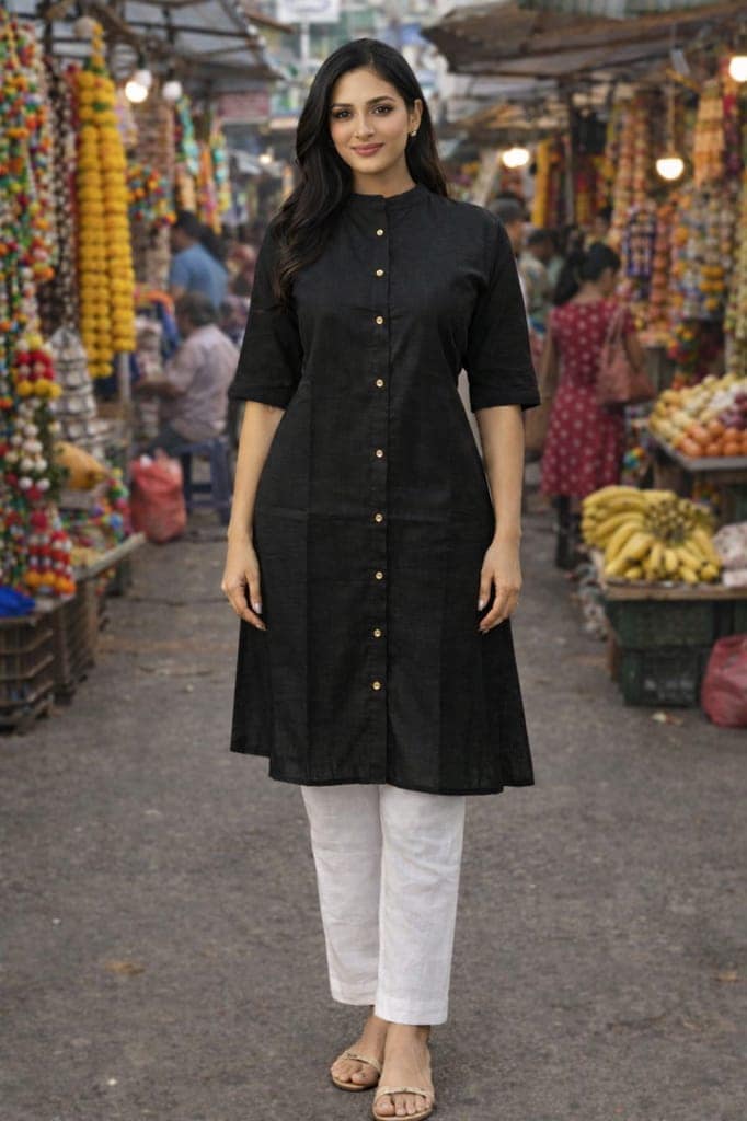 Stylish Black Cotton Long Kurti with White Pant view 2