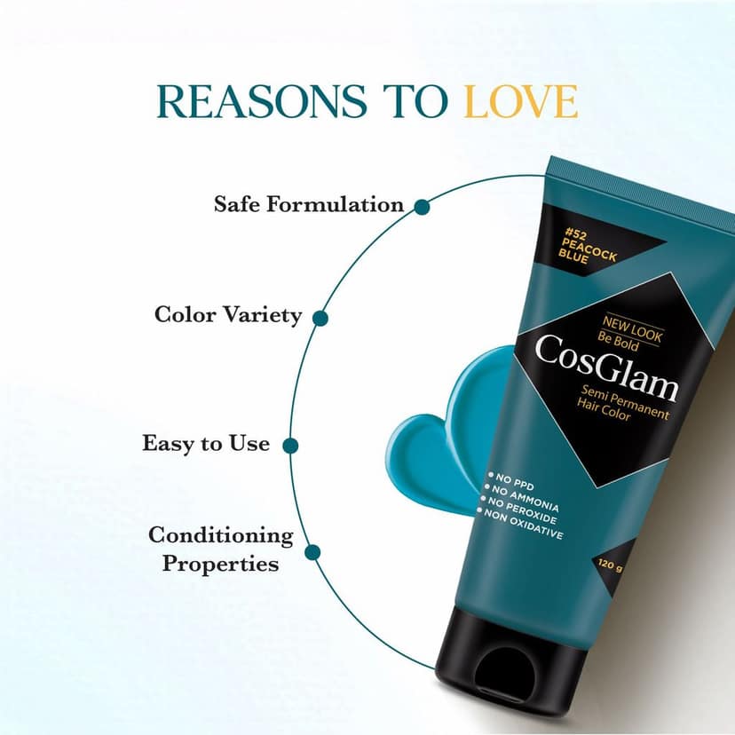 COSGLAM Semi Permanent Hair Color, No Peroxide, Non Oxidative, Ammonia Free Hair Colour 52 Peacock Blue - 120gm view 4