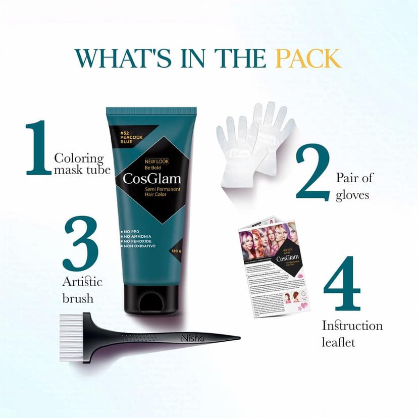 COSGLAM Semi Permanent Hair Color, No Peroxide, Non Oxidative, Ammonia Free Hair Colour 52 Peacock Blue - 120gm view 6