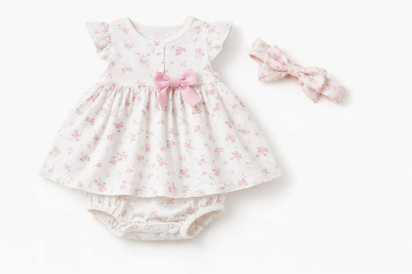 Baby Girls' Floral Cotton Dress Romper with Matching Bow Headband