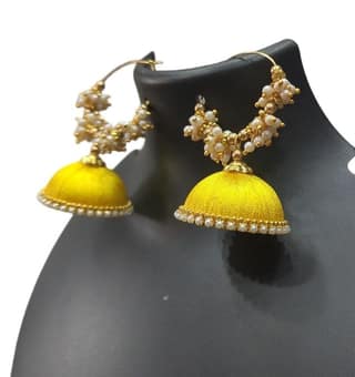 "Stunning Yellow Silk Thread Jhumka Earrings with Pearl Beads for Women"