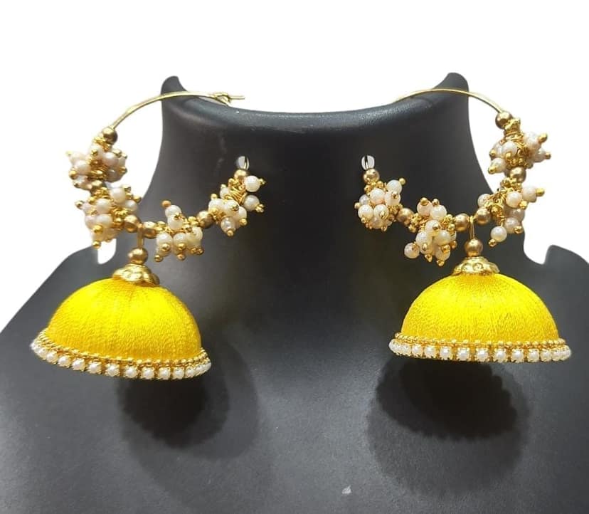 "Stunning Yellow Silk Thread Jhumka Earrings with Pearl Beads for Women" view 3