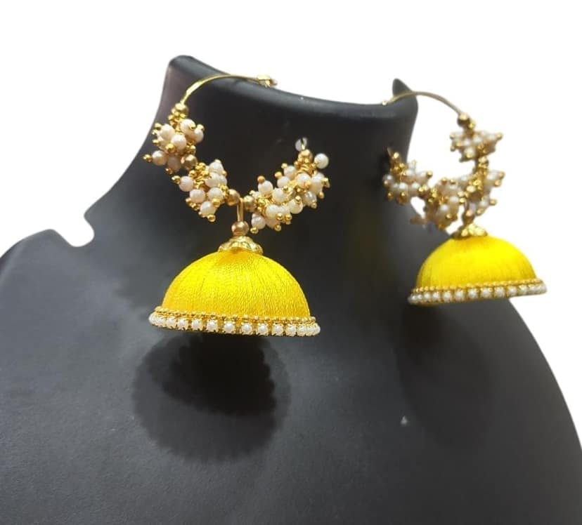 "Stunning Yellow Silk Thread Jhumka Earrings with Pearl Beads for Women" view 4