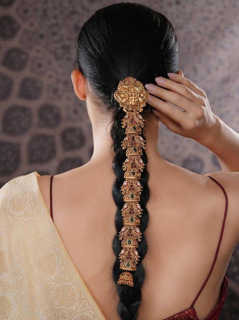 Gold Plated Red Kempo Studded Nagas Lakshmiji Peacock Temple Jadai Billa Bridal Hair Braid Choti view 2