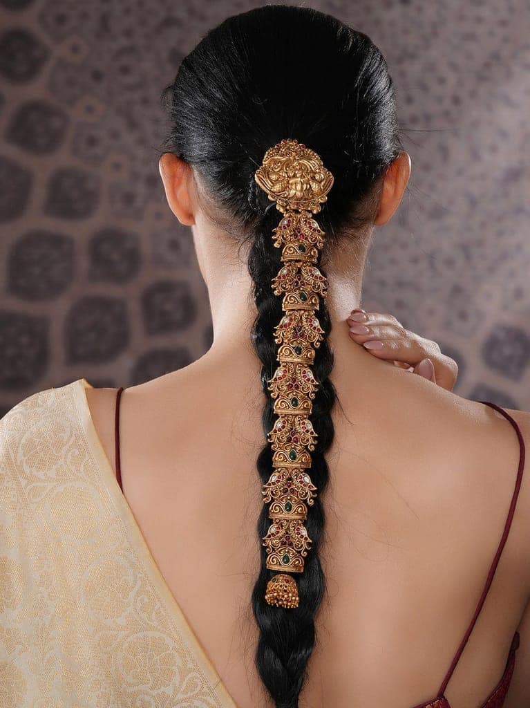 Gold Plated Red Kempo Studded Nagas Lakshmiji Peacock Temple Jadai Billa Bridal Hair Braid Choti view 3