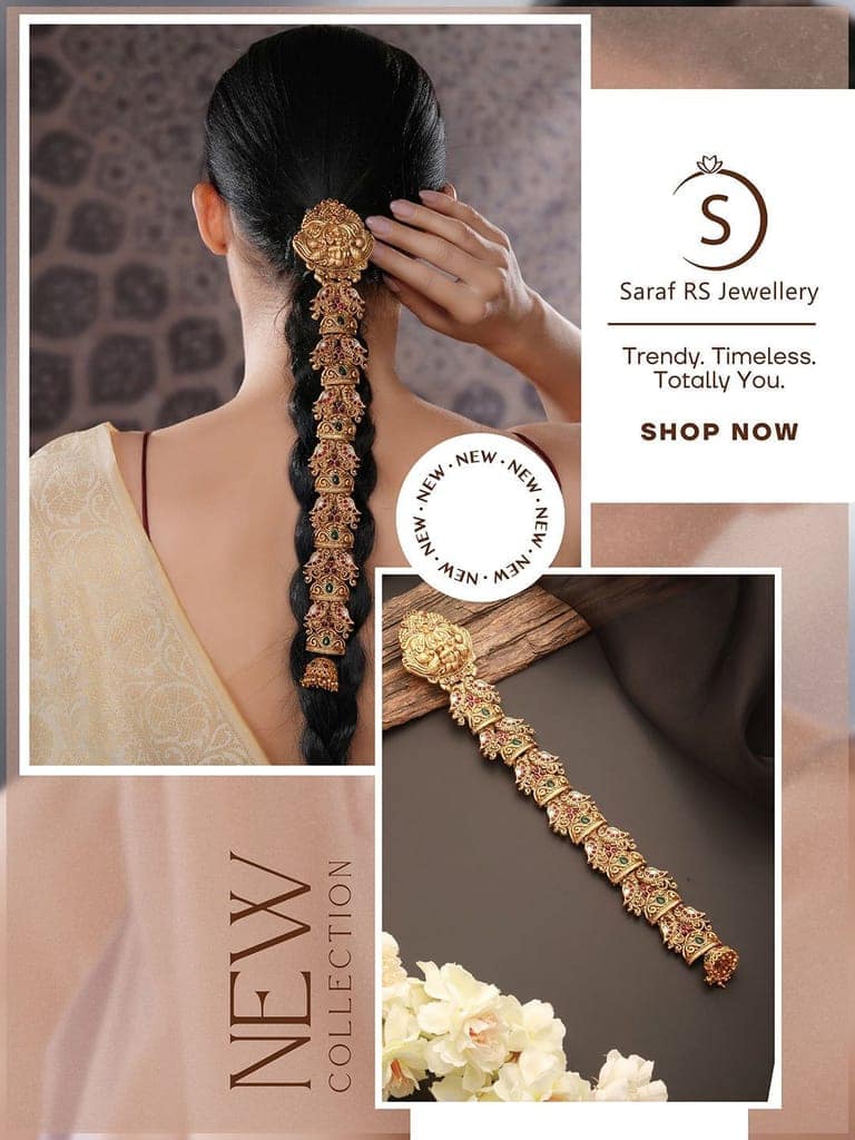 Gold Plated Red Kempo Studded Nagas Lakshmiji Peacock Temple Jadai Billa Bridal Hair Braid Choti view 4