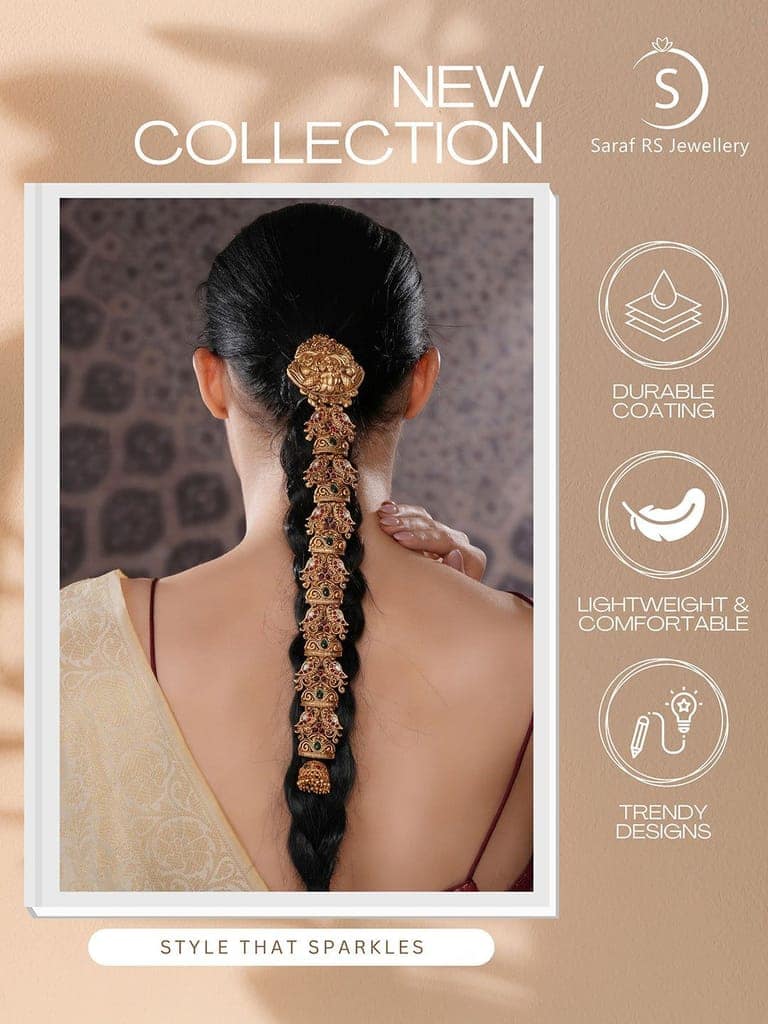 Gold Plated Red Kempo Studded Nagas Lakshmiji Peacock Temple Jadai Billa Bridal Hair Braid Choti view 7