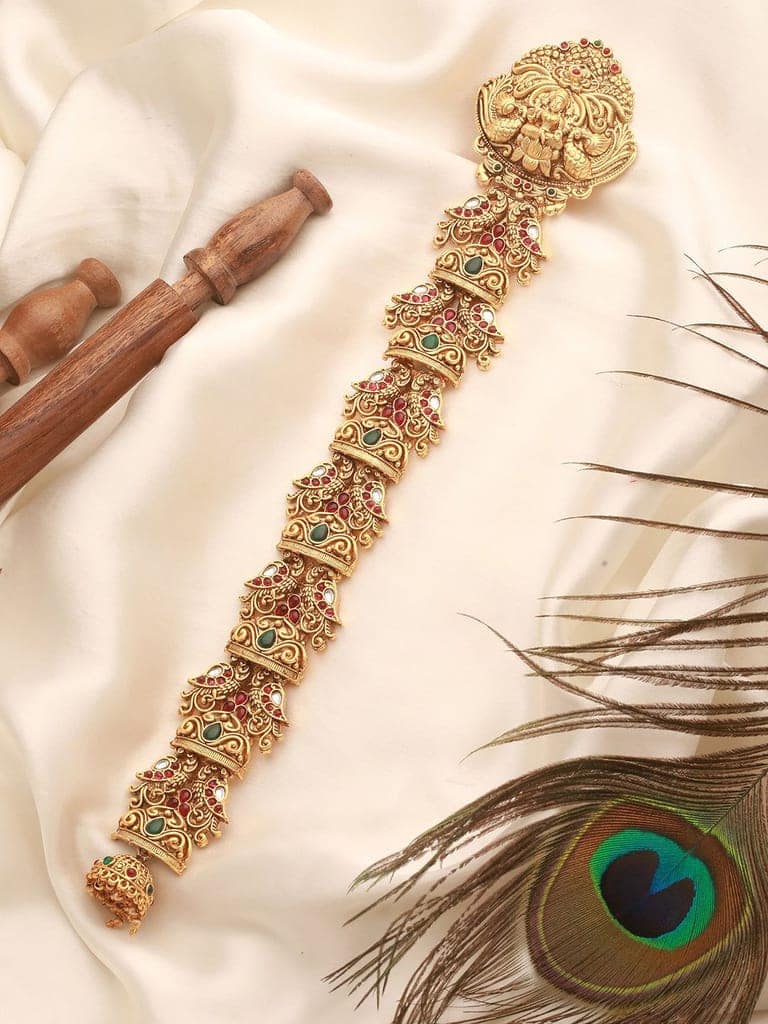 Gold Plated Red Kempo Studded Nagas Lakshmiji Peacock Temple Jadai Billa Bridal Hair Braid Choti view 9
