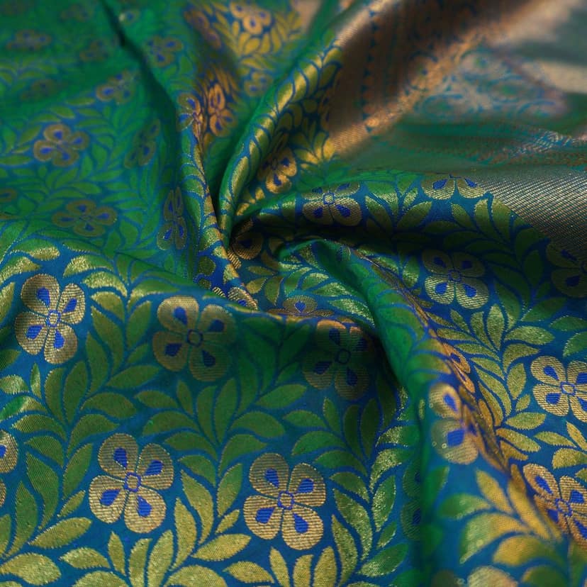 Palette of Peacock Blue & Bottle Green Bridal Kanchipuram Handloom Silk Saree - Vivaaha Silks" view 3