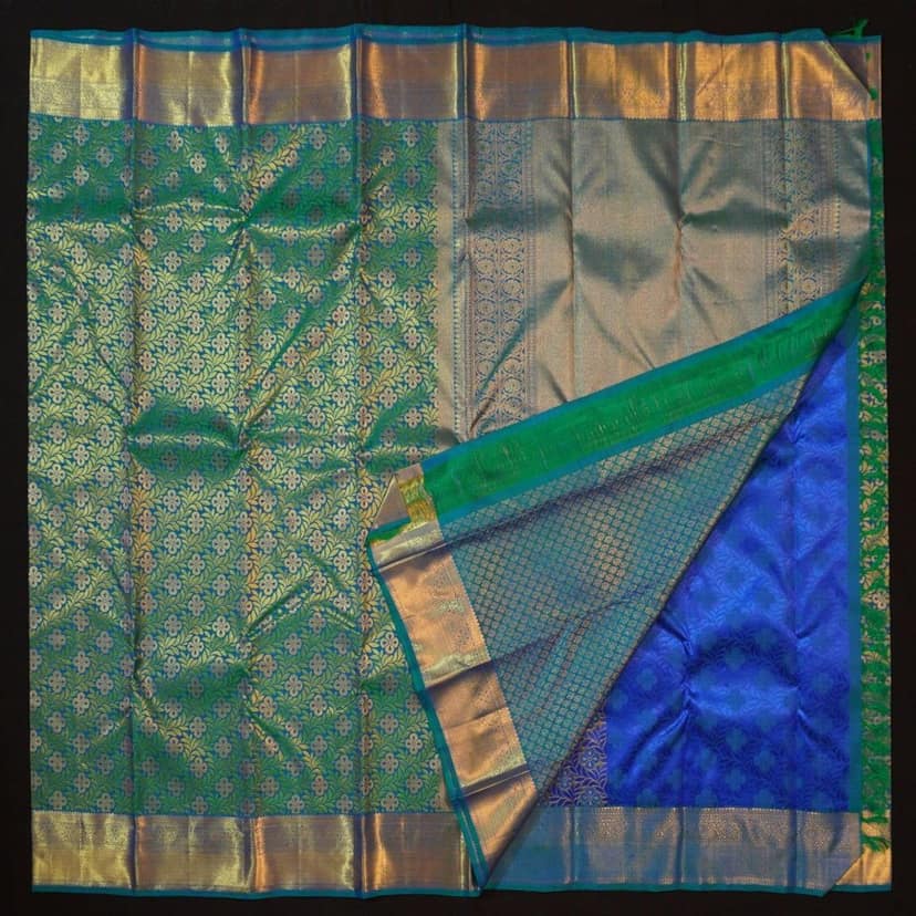 Palette of Peacock Blue & Bottle Green Bridal Kanchipuram Handloom Silk Saree - Vivaaha Silks" view 5