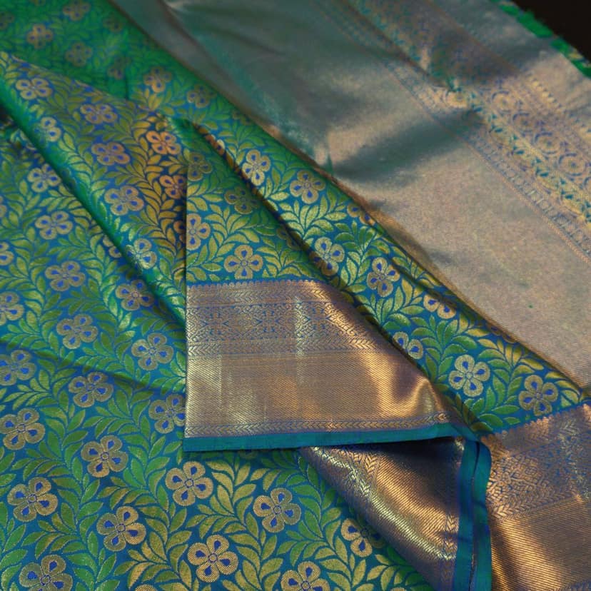 Palette of Peacock Blue & Bottle Green Bridal Kanchipuram Handloom Silk Saree - Vivaaha Silks" view 6