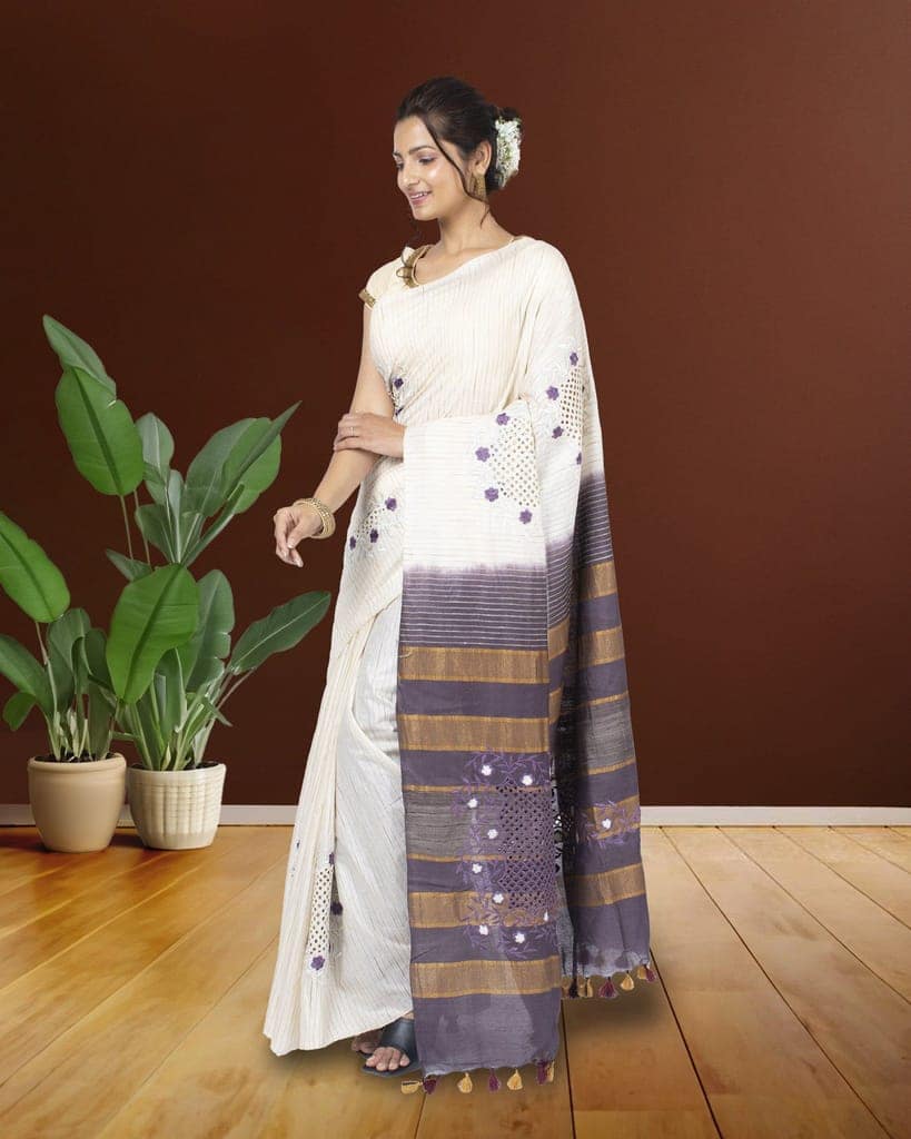 Eri Silk Saree Old Lace White Color Hand Cutwork with running blouse-4321