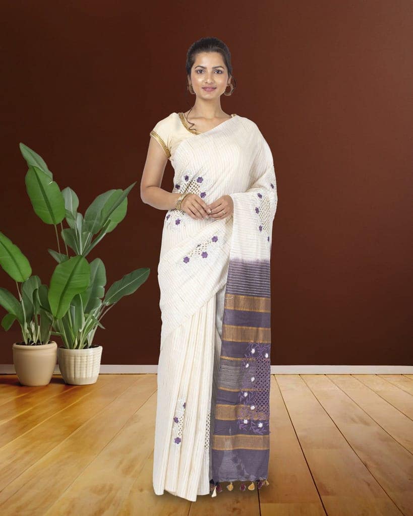 Eri Silk Saree Old Lace White Color Hand Cutwork with running blouse-4321 view 2