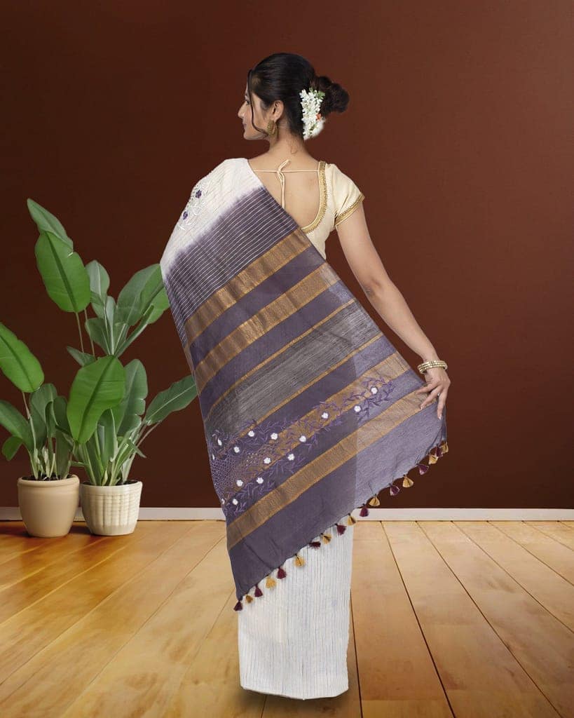 Eri Silk Saree Old Lace White Color Hand Cutwork with running blouse-4321 view 6