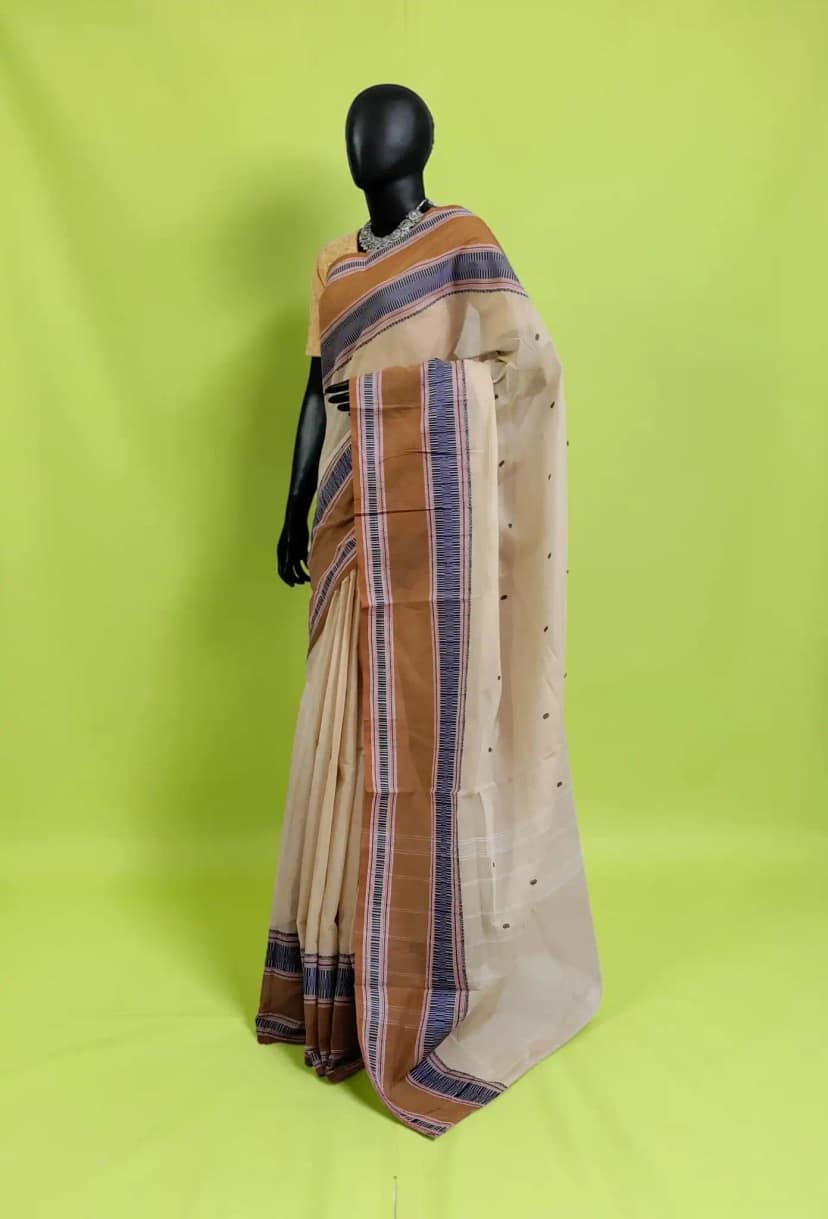 Handwoven Kanchipuram Cotton-Silk Saree in Tan with Blue Striped Border view 2