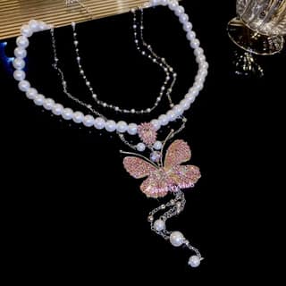 Jewelryklub Fancy Stylish Colourful Butterfly Themed Pearl Colored Stones Studded Pendant Necklace Neckchain Accessories For Everyday Wear For Women & Girls Modern Design