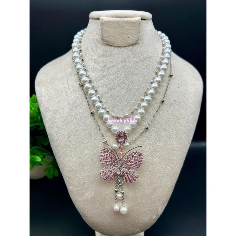 Jewelryklub Fancy Stylish Colourful Butterfly Themed Pearl Colored Stones Studded Pendant Necklace Neckchain Accessories For Everyday Wear For Women & Girls Modern Design view 3
